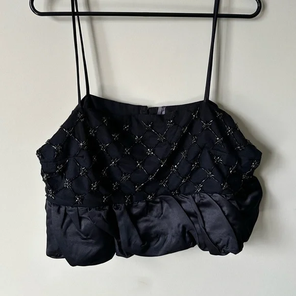 NWT By Anthropologie Beaded Satin Crop Tank  in Black Size Large - Picture 5 of 10